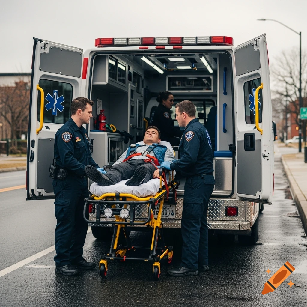 Two paramedics tend to a young man strapped to a stretcher at the back of an ambulance on a wet street, photorealistic style.
