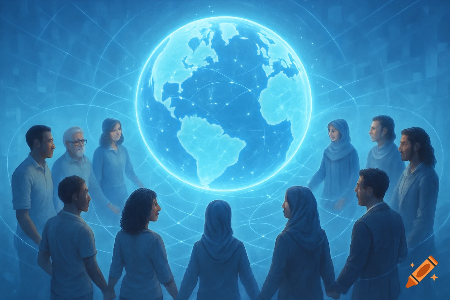 A diverse group of people holding hands in a circle around a glowing blue digital globe, against a background of connecting lines.