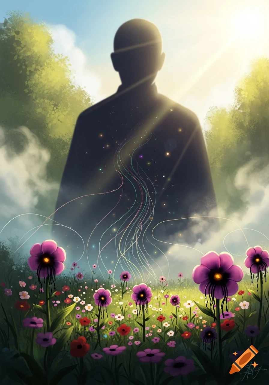 A silhouette of a person stands in a field of vibrant flowers under a bright, cloud-filled sky, with some purple flowers appearing to drip black liquid.