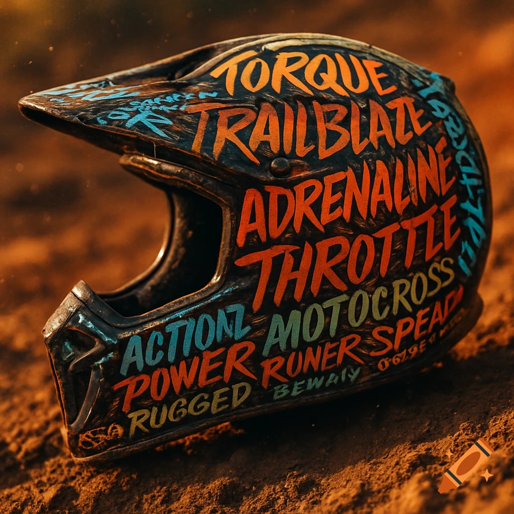 A close-up, low-angle view of a black dirtbike helmet covered in vibrant, graffiti-style words related to motorsports, resting on a dirt track.