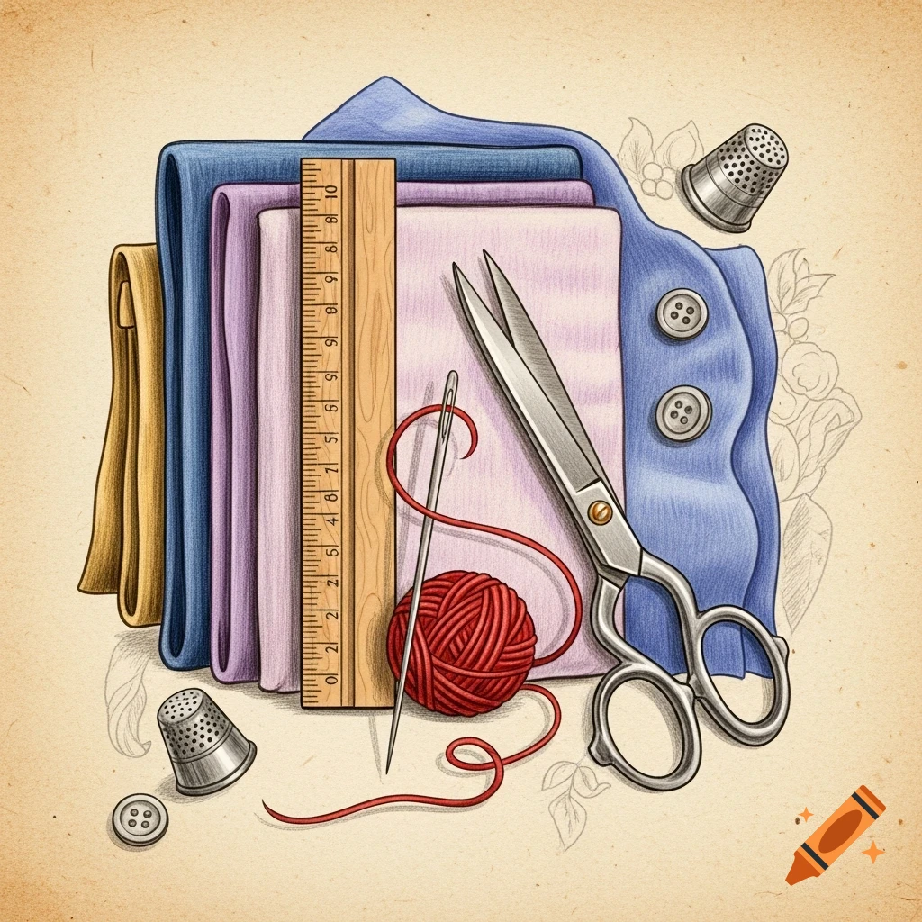 A hand-drawn illustration of various sewing tools, including a ruler, scissors, needle and red thread, thimbles, buttons, and colorful fabric.