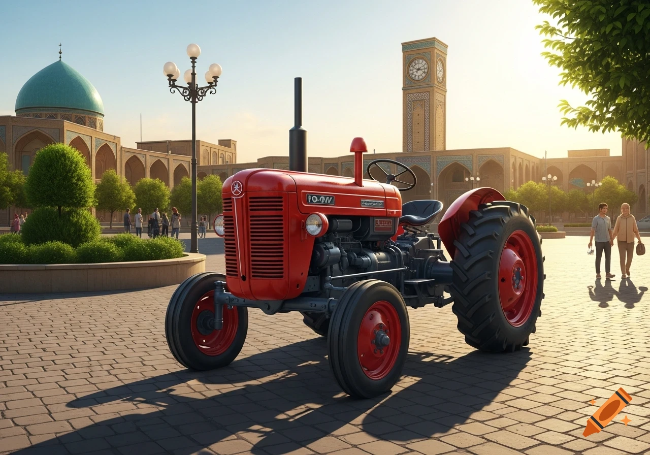 A red vintage tractor is parked on a brick plaza, with a large mosque-like building and a clock tower in the background under a clear sky.