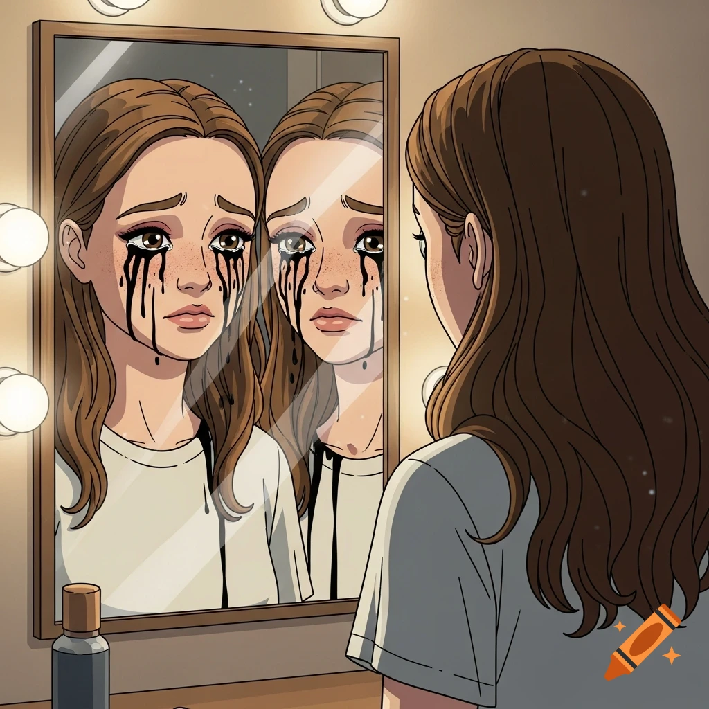 A crying teenage girl with black mascara running down her face looks at her reflection in a mirror, in a Western animation style.