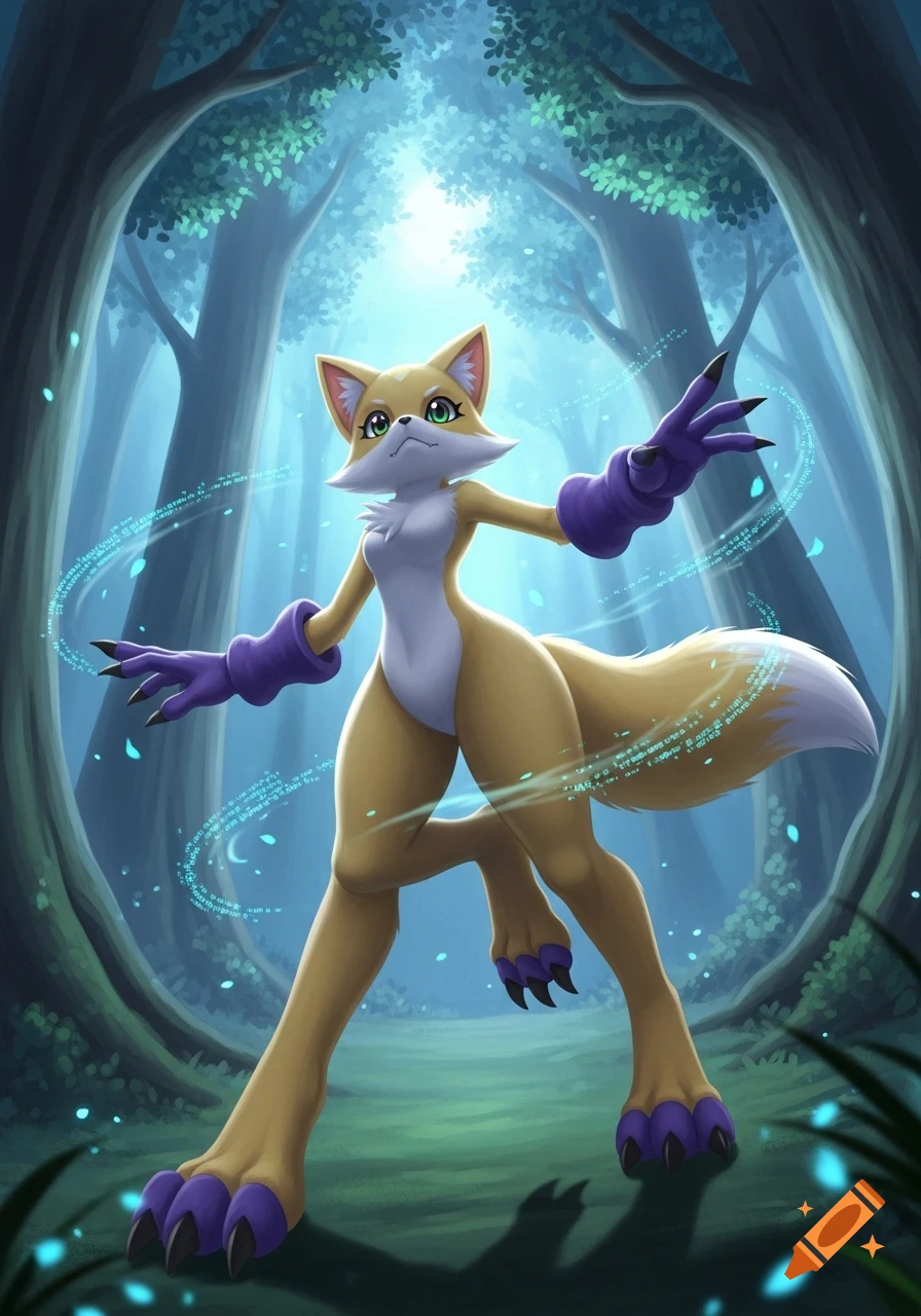 An anthropomorphic yellow fox-like creature with purple paws and armbands stands in a blue forest, glowing digital symbols swirl around her.