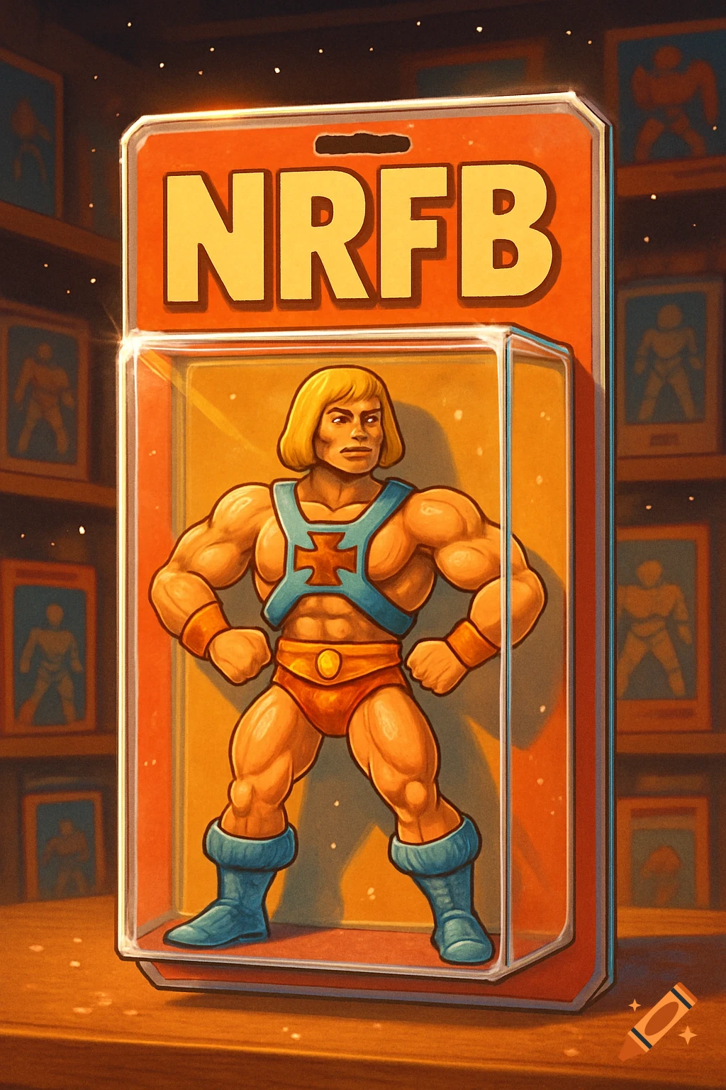Illustration of He-Man action figure in an NRFB (Never Removed From Box) package on a table, with other boxed figures in the background.
