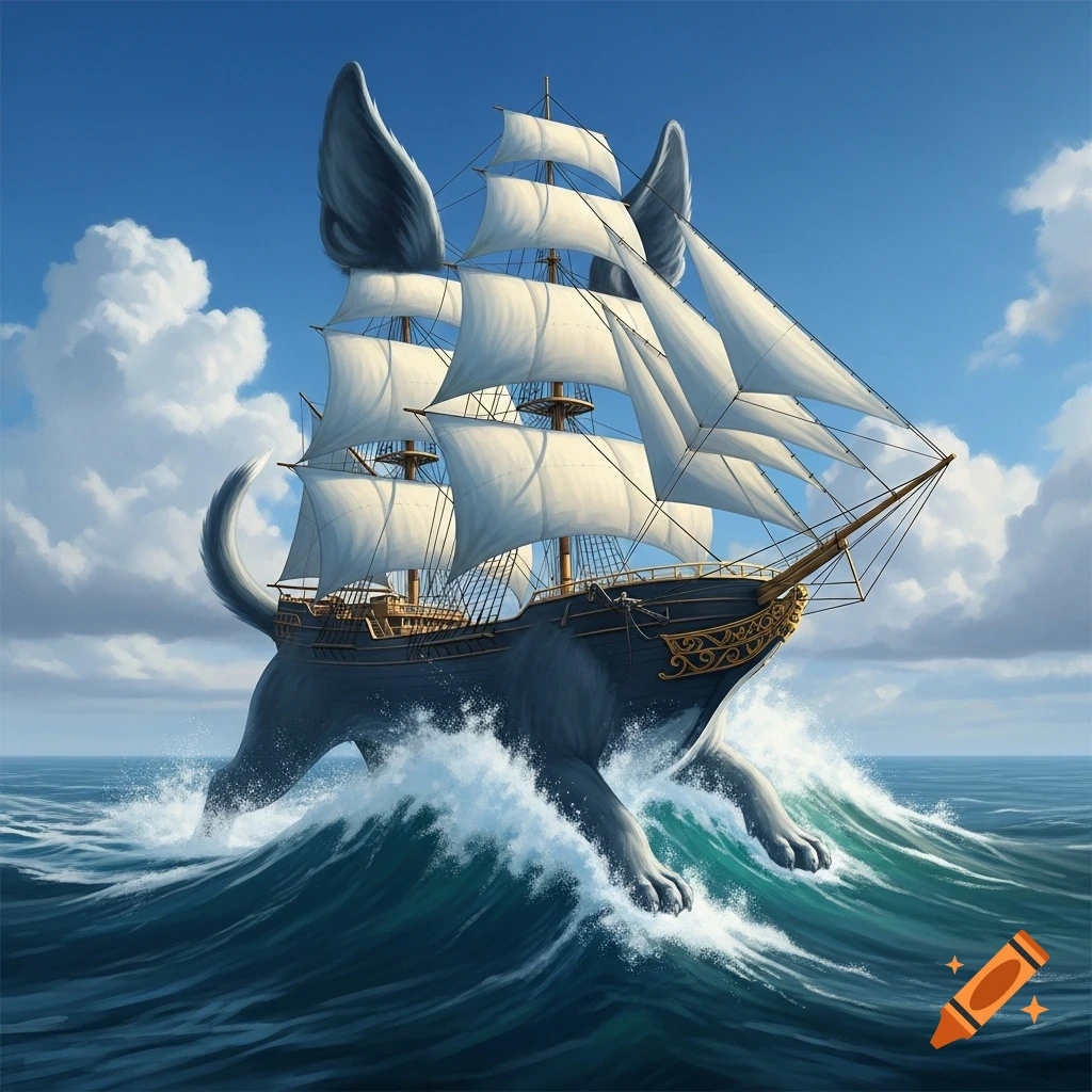 A fantasy ship with dog ears, a tail, and paws sails on rough ocean waves under a blue sky.