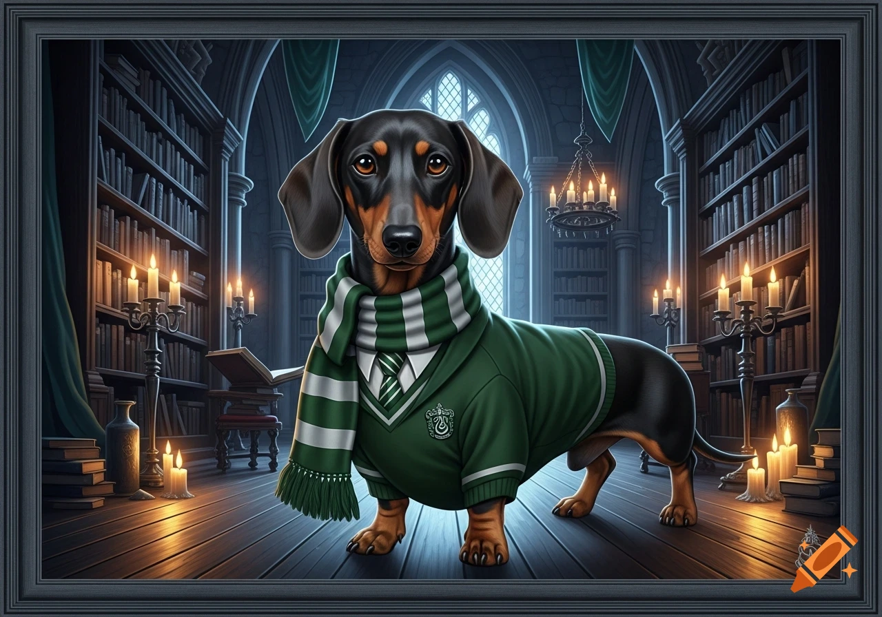 A black and tan dachshund wearing a green sweater and striped scarf in a gothic library filled with books and candles.