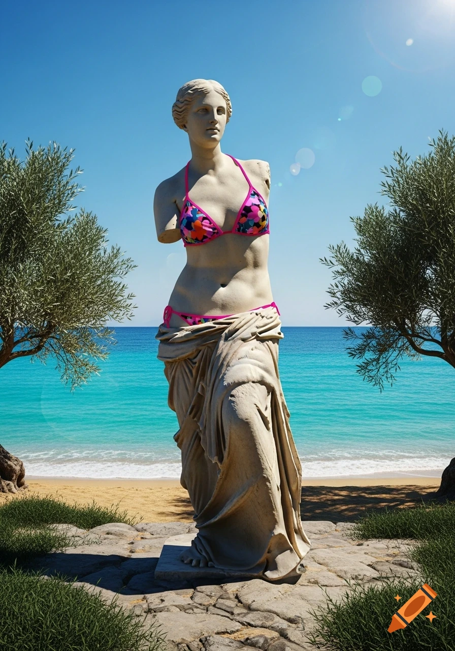 A photorealistic image of the Venus de Milo statue, wearing a pink floral bikini, standing on a sandy beach by a turquoise ocean with olive trees under a clear blue sky.