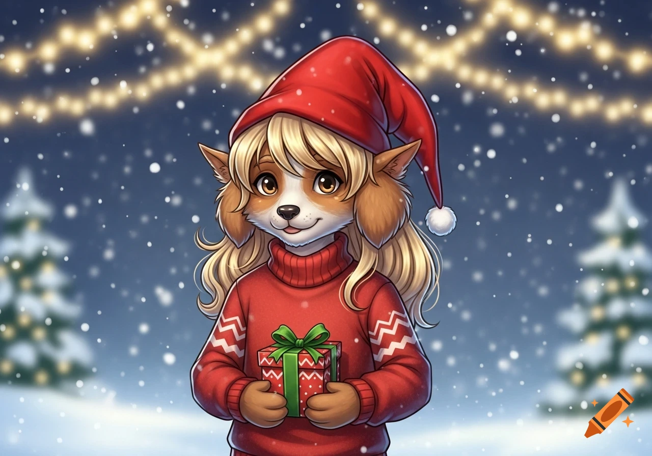 A cute anthropomorphic dog in a red elf hat and sweater holds a Christmas gift in a snowy night with string lights and trees.