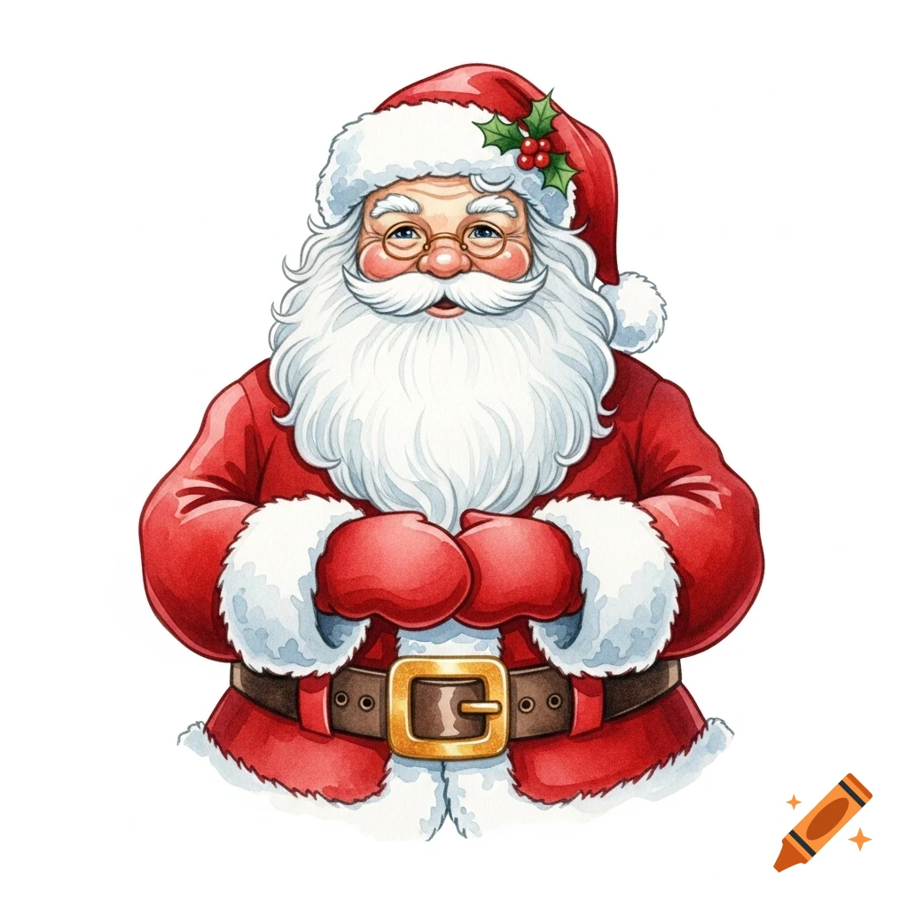 A watercolor drawing of Santa Claus in his red suit with a white beard and hat, smiling.