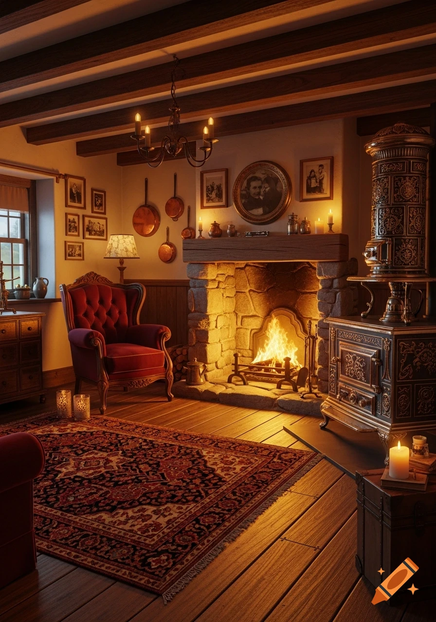 A cozy, rustic living room at dusk with a roaring fireplace, red velvet armchair, decorative stove, and wooden ceiling beams.