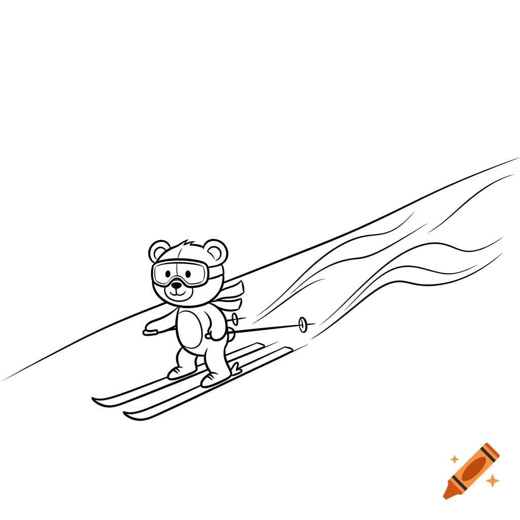 A line drawing of a cute bear skiing down a slope, wearing goggles and a scarf, holding ski poles.