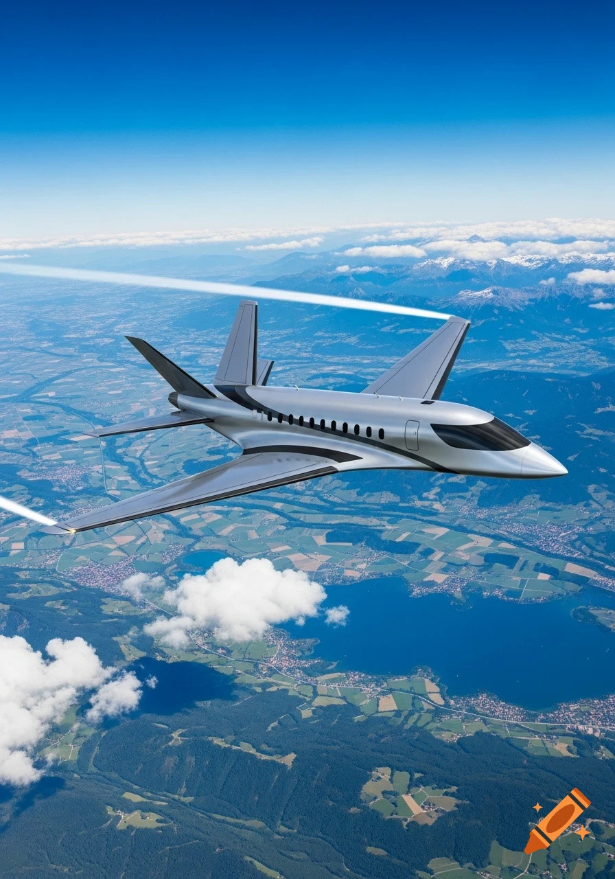 Sleek silver jet aircraft soaring high above a vast, verdant landscape with lakes and distant snow-capped mountains under a clear blue sky.