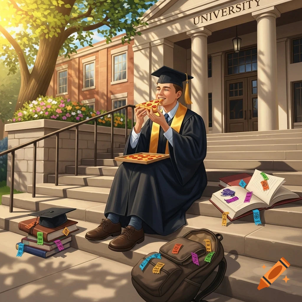 A smiling college graduate in a cap and gown sits on university steps, eating a slice of pizza from a box. Books, a backpack, and an open book are beside him, with a building labeled "UNIVERSITY" in the background.