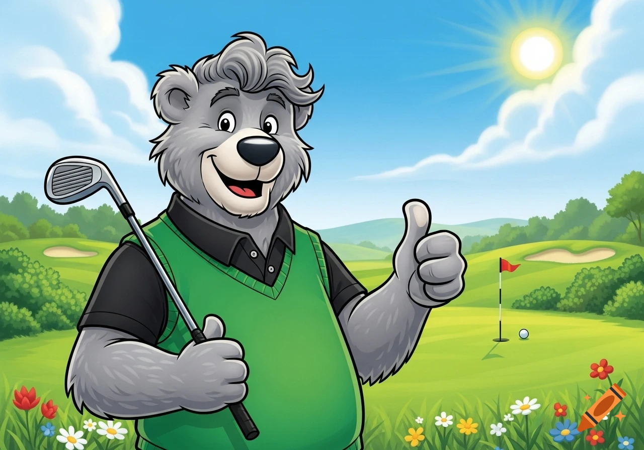 Friendly cartoon bear in a green golf vest holds a golf club and gives a thumbs up on a sunny golf course.