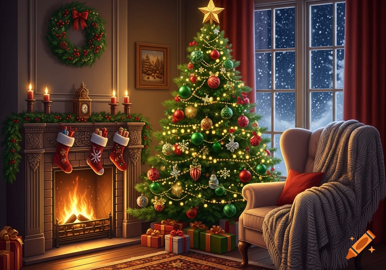 A cozy living room with a decorated Christmas tree, a roaring fireplace with stockings, and an armchair next to a snowy window.