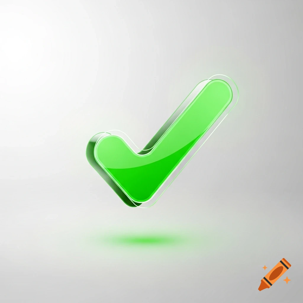 A glossy, bright green check mark with a subtle shadow on a light gray background.