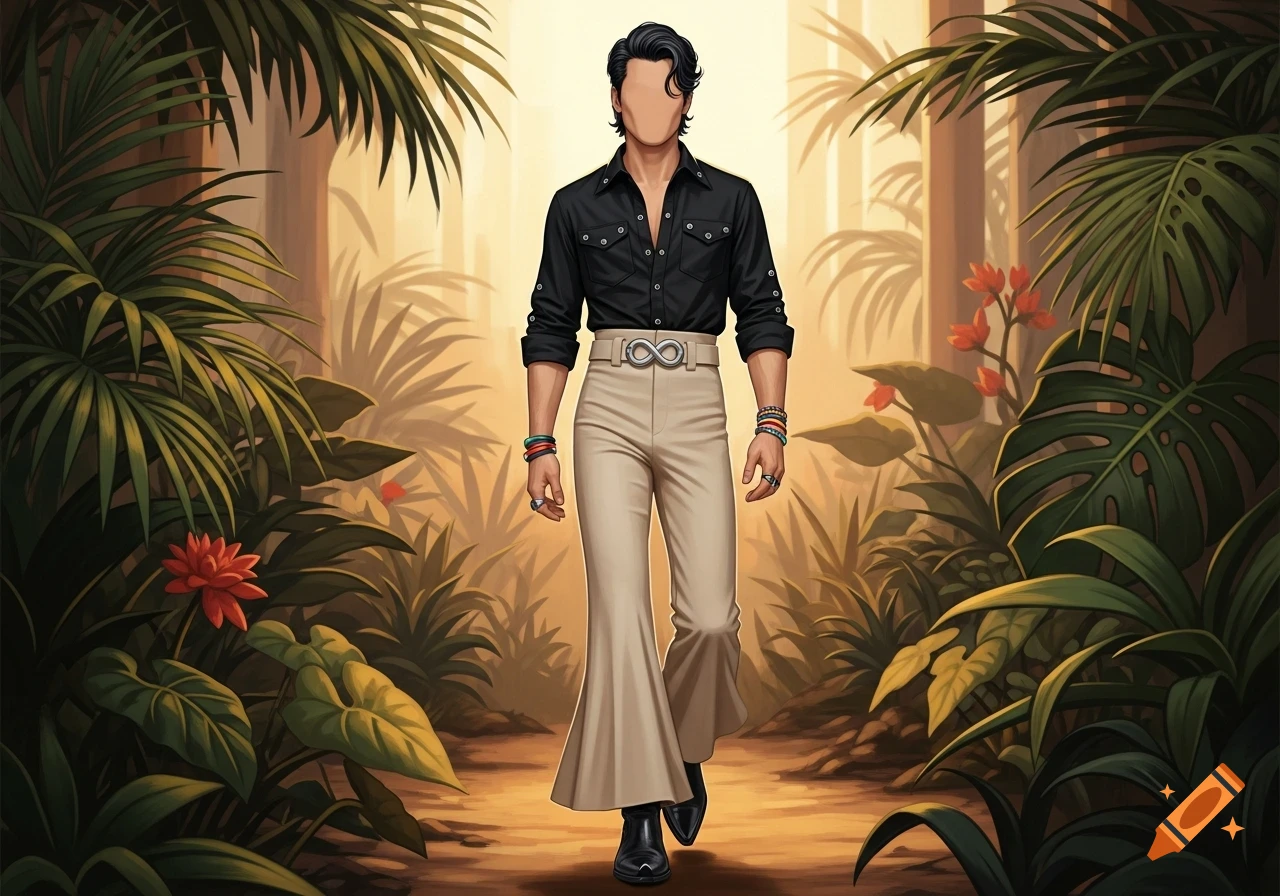 A stylish, faceless man walks in a tropical jungle, wearing a black shirt, beige bell-bottoms, black boots, and colorful bracelets.