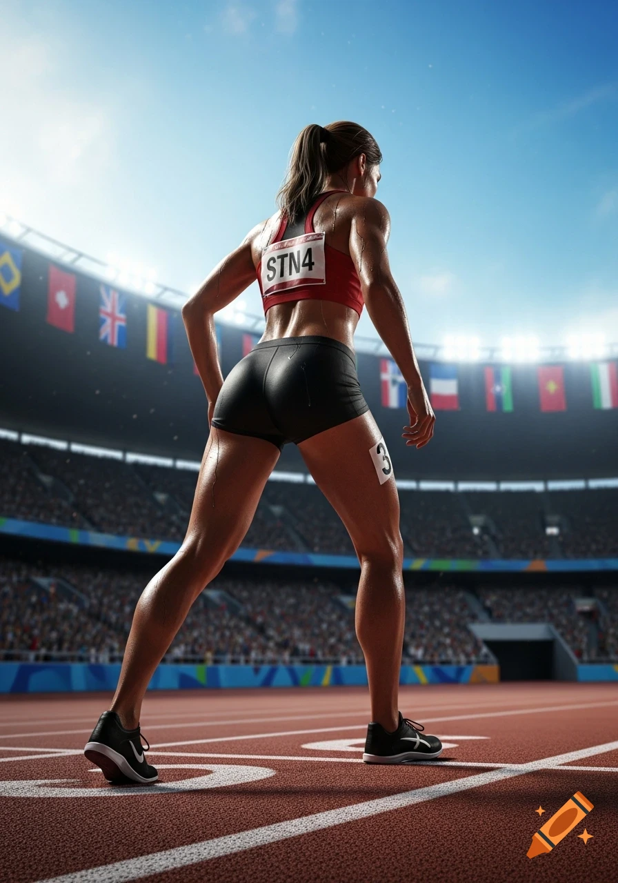 Rear view of a female runner on a track in a stadium, wearing a red top and black shorts with a race number.