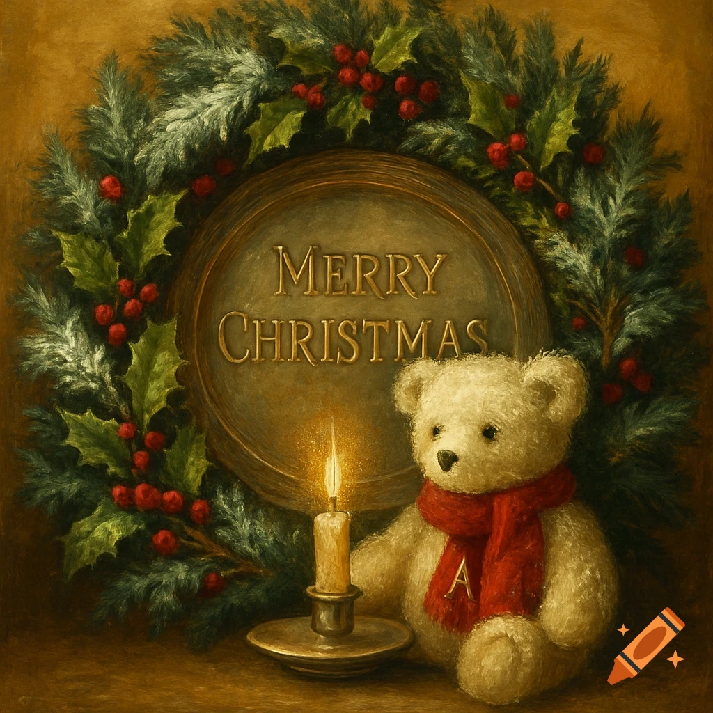 Oil painting of a teddy bear with a red 'A' scarf holding a candle, in front of a Christmas wreath with 'Merry Christmas'.