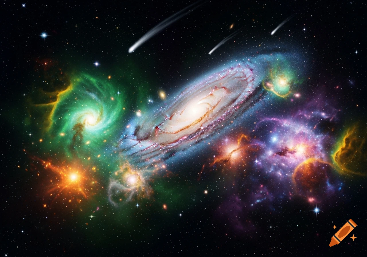 A vibrant, colorful space scene with a central spiral galaxy, swirling green and purple nebulae, and shooting stars against a dark, star-filled background.