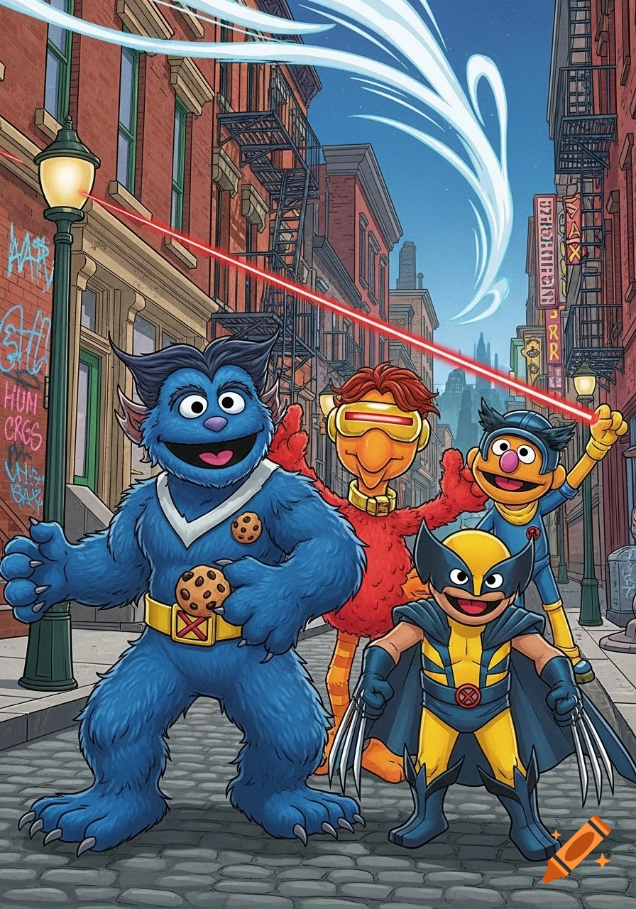 Comic book art of Cookie Monster as Beast, Elmo as Cyclops, Grover as Iceman, and a small Wolverine-like character, on a city street.