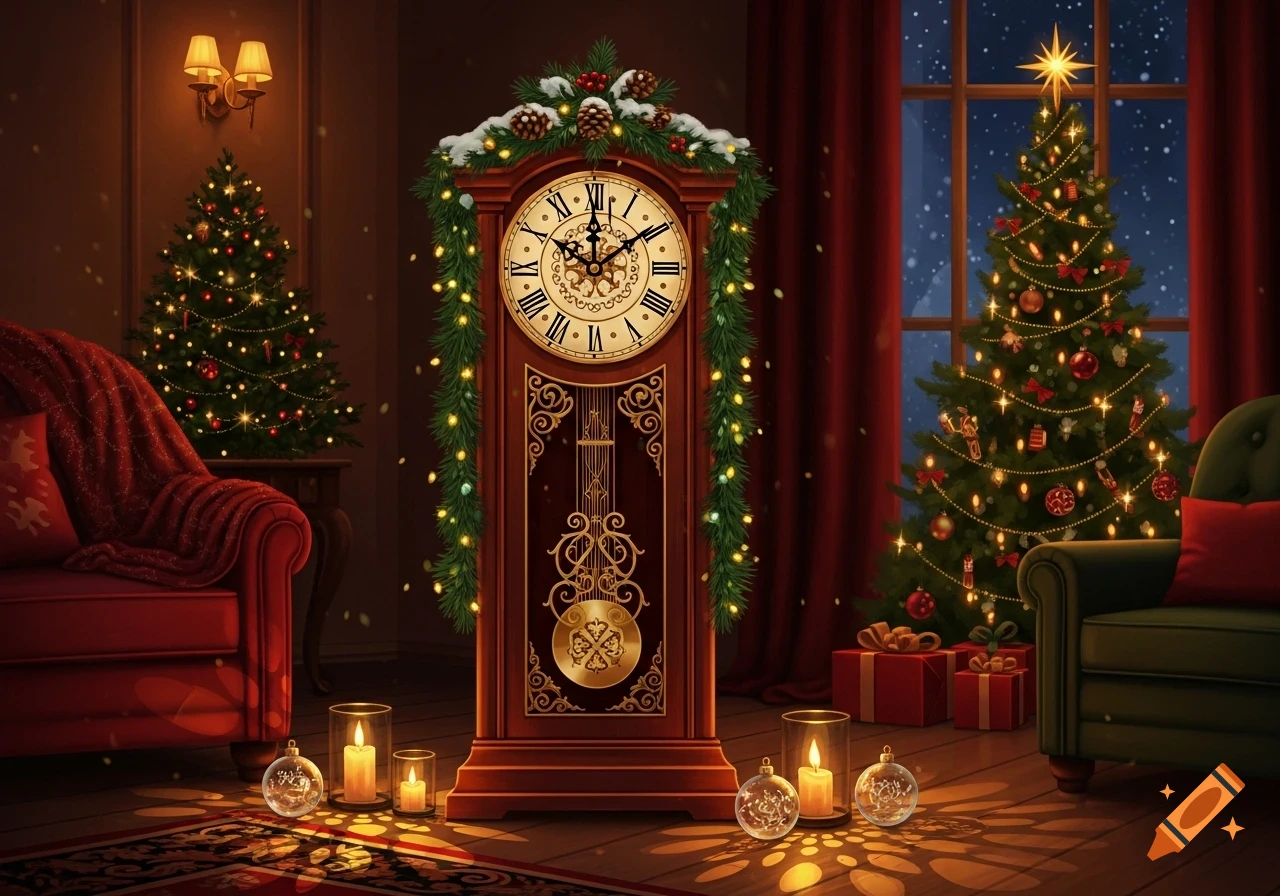 A festive Christmas living room with a decorated grandfather clock, two Christmas trees, and lit candles, bathed in warm light.