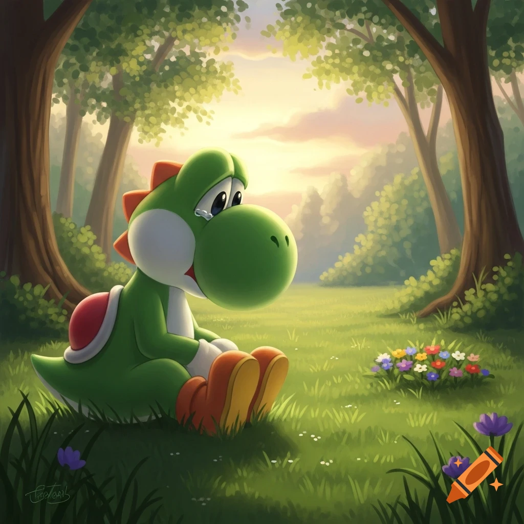 A sad Yoshi sits alone in a forest clearing at sunset, a tear rolling down his cheek, next to a patch of wildflowers.