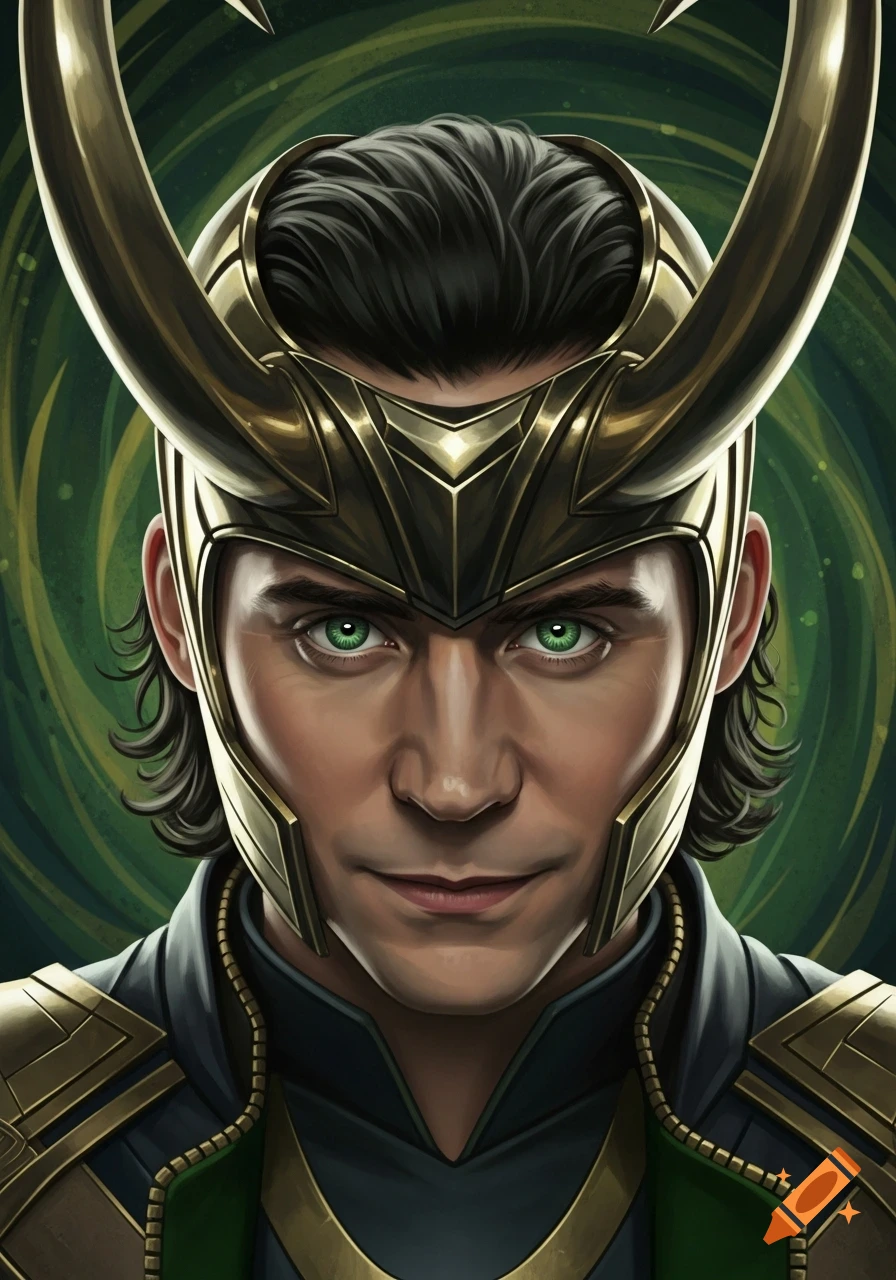 An extreme close-up portrait of Loki Laufeyson in his horned helmet and green and gold armor, with glowing green eyes and a smirk, against a swirling green background.
