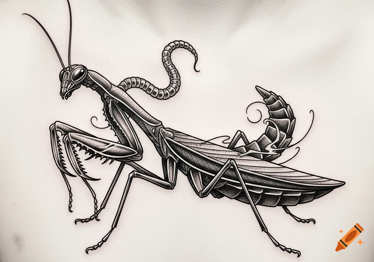 Detailed blackwork tattoo of a praying mantis with a parasitic worm emerging from its back.