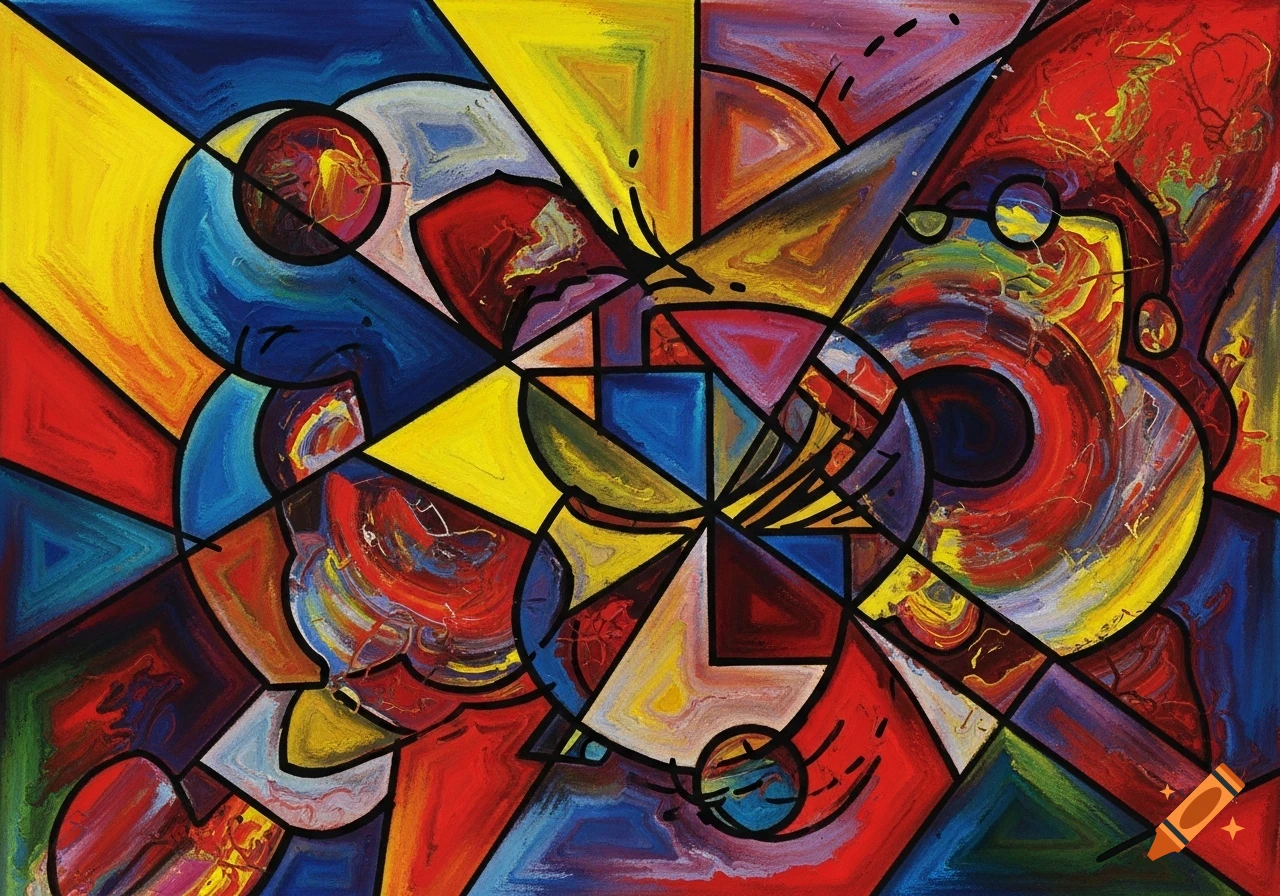 A vibrant abstract painting featuring interconnected geometric and organic shapes in primary colors, outlined in black.