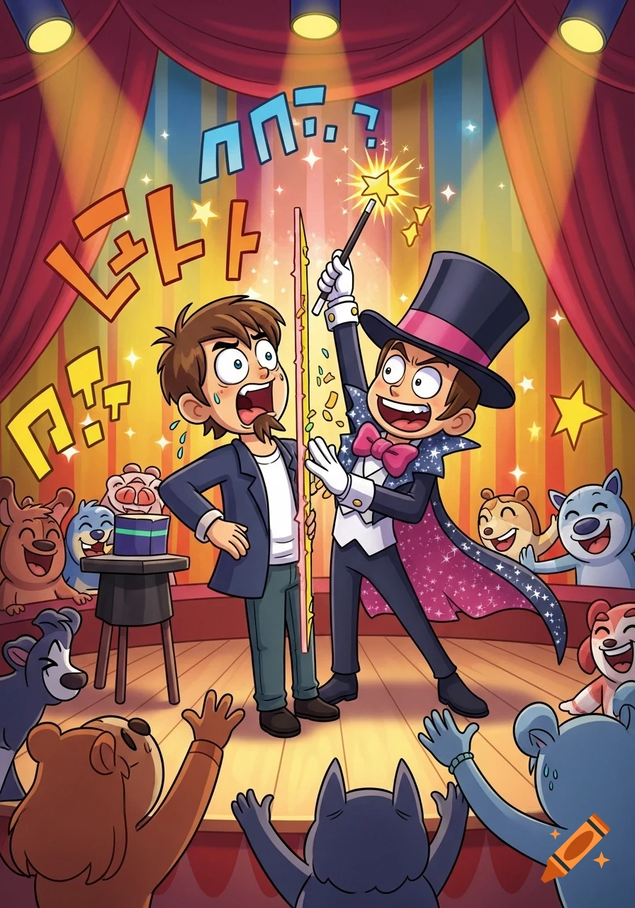 Cartoon magician cuts a man in half on stage, watched by a cheering animal audience.