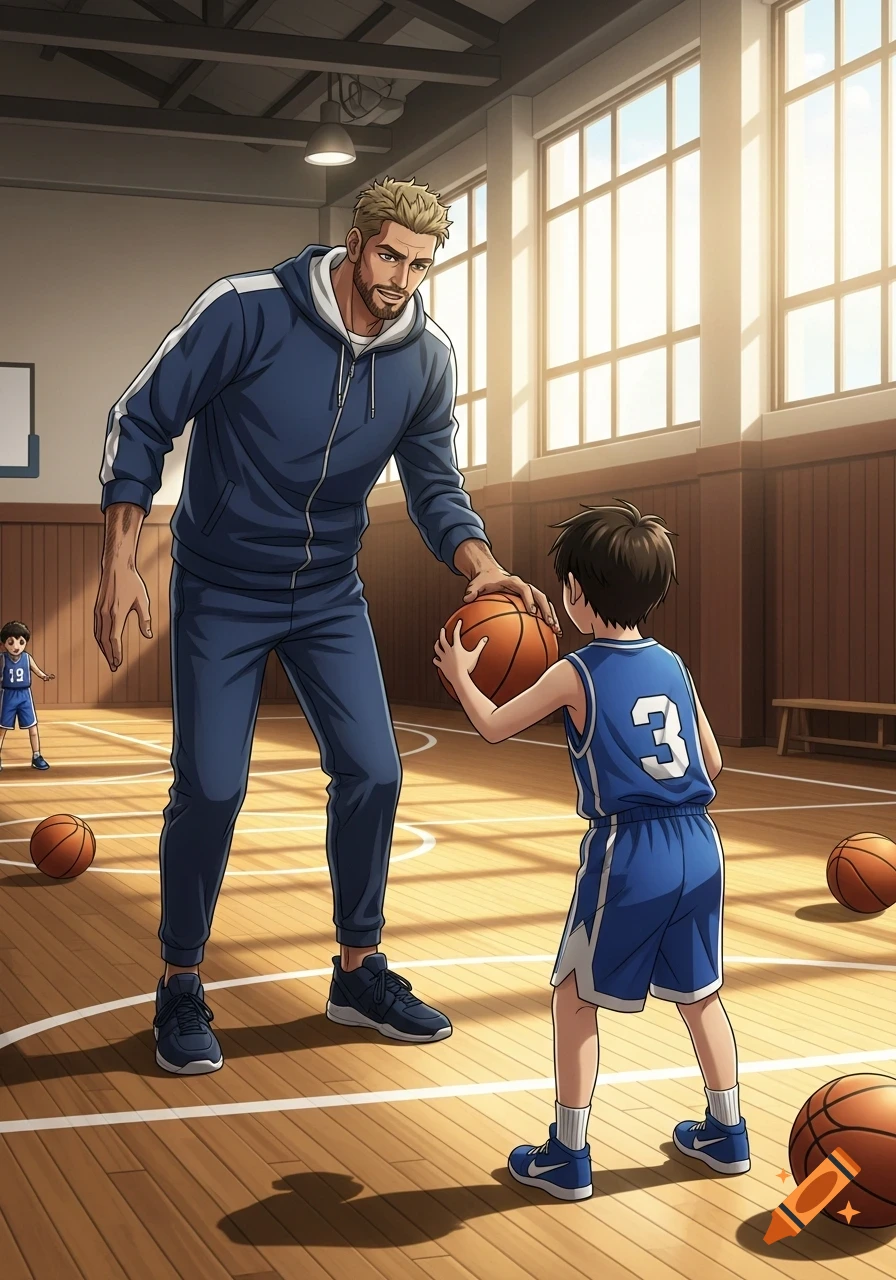 Anime style image of a tall coach teaching a young boy how to play basketball on a court.