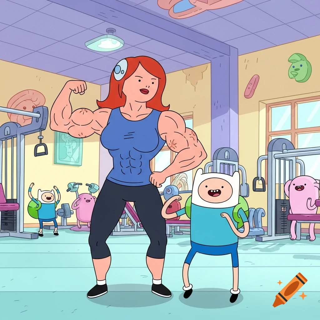 Finn's muscular mother flexes her biceps next to him in a colorful gym, in the style of Adventure Time.