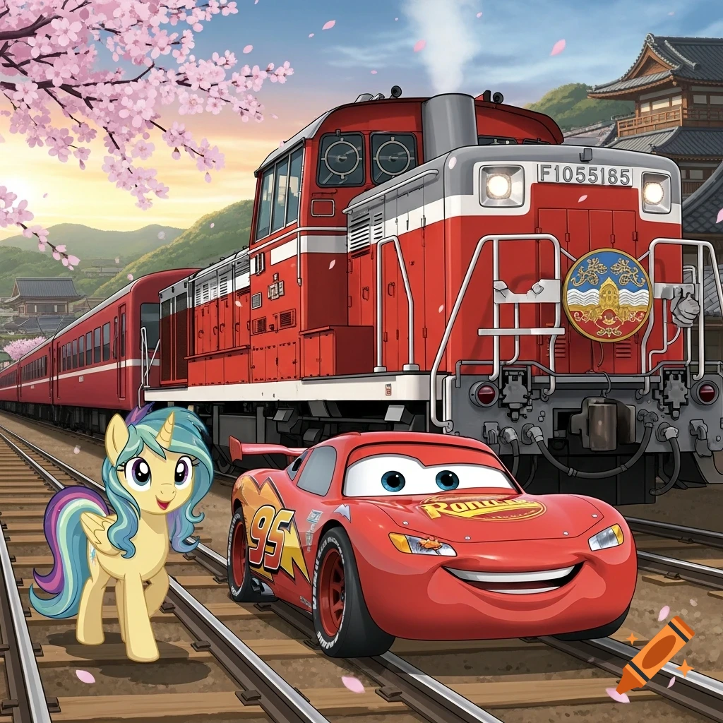 Sunny Starscout and Lightning McQueen stand on train tracks in front of a red Japanese diesel locomotive with cherry blossoms.