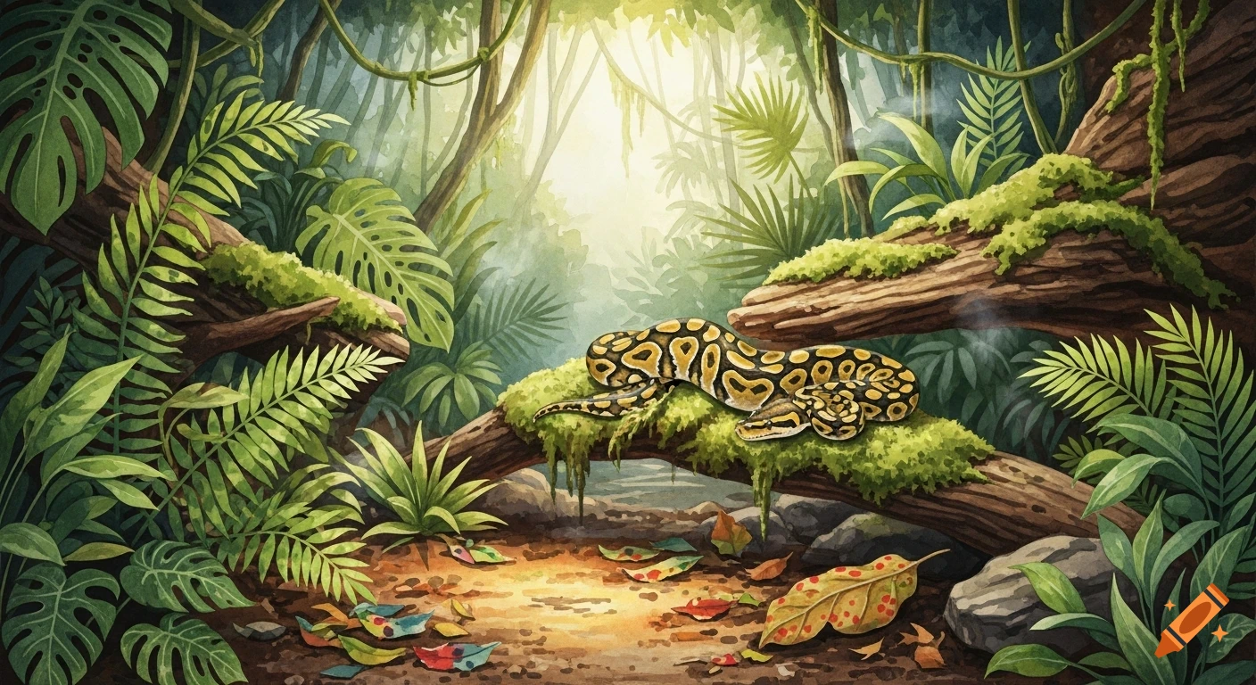 A watercolor illustration of a yellow and black ball python coiled on a mossy log in a vibrant, lush jungle.