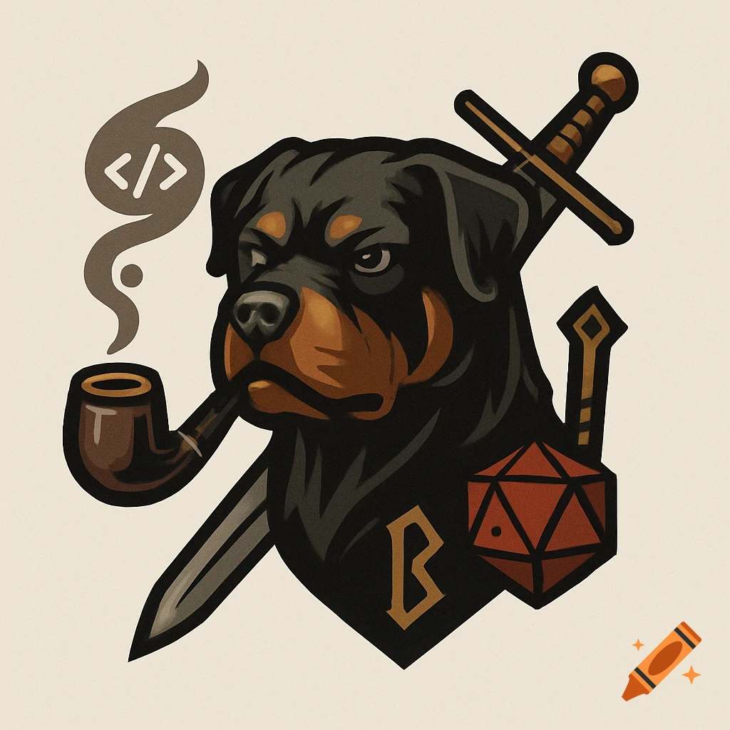 Stylized Rottweiler head logo, smoking a pipe with a </> programming symbol in the smoke, with crossed swords and a D20 die.