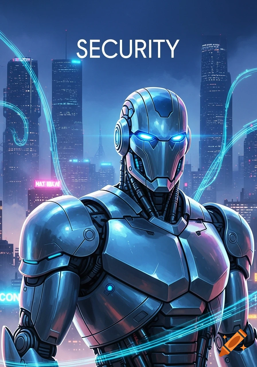 A metallic blue robot with glowing eyes stands in a futuristic city with tall buildings, connected by glowing blue data lines, and the word "SECURITY" above.