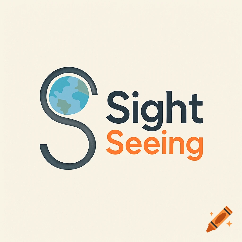 Logo for Sight Seeing with a stylized 'S' magnifying a globe and stacked text.