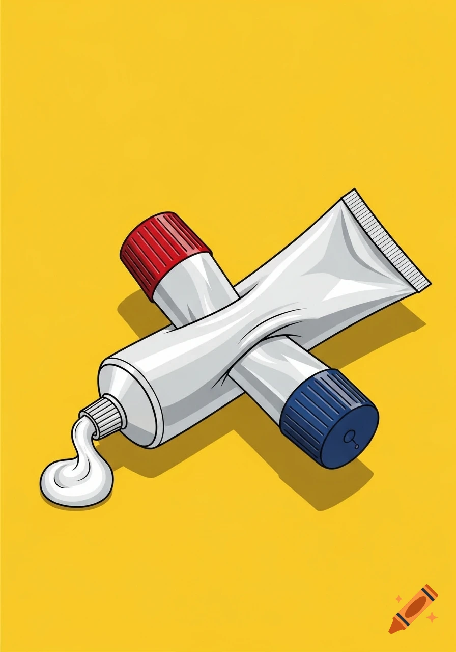 A stylized illustration of two white toothpaste tubes, one with a red cap, one with a blue cap, crossed on a yellow background, with white paste squeezed from one.