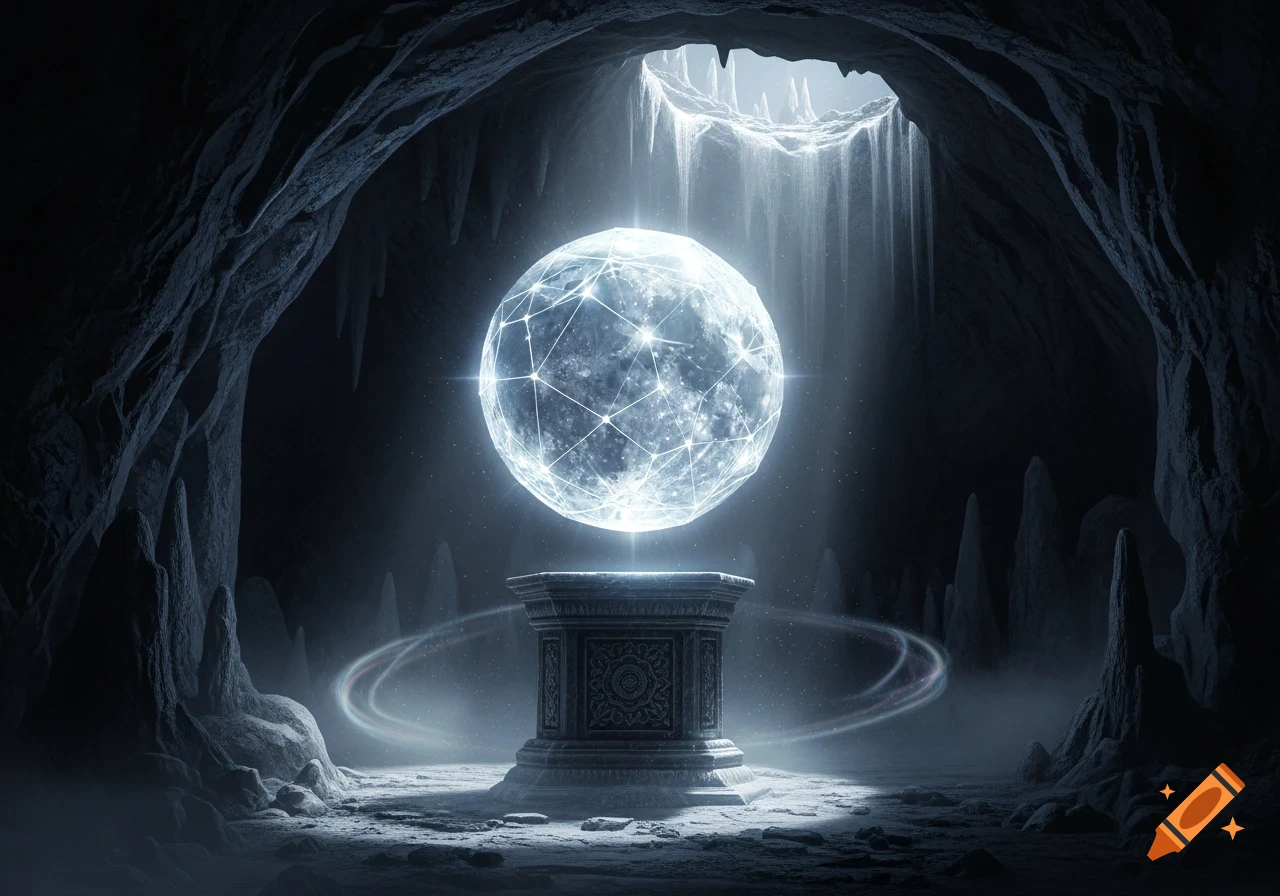 A glowing crystal sphere floats above an ornate pedestal in a dark, mystical cave, with light streaming from above.