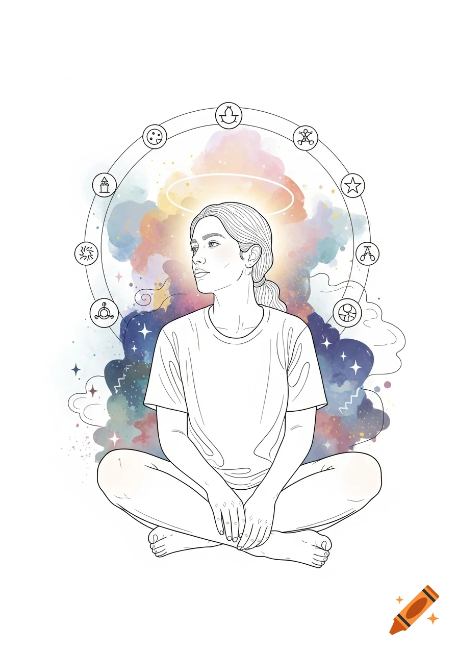 A line art illustration of a woman meditating with a halo, surrounded by colorful abstract shapes and orbiting symbols.