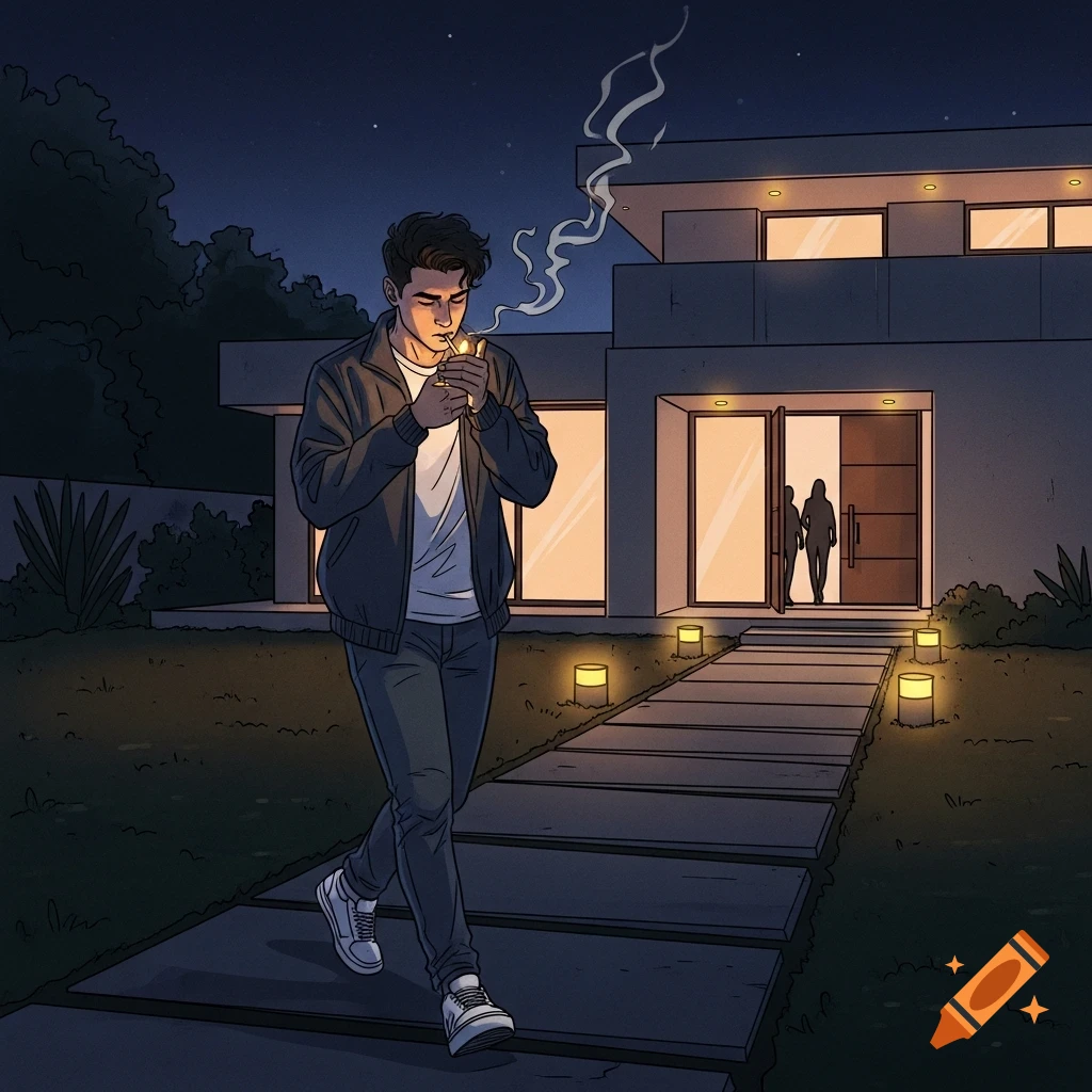 Sketched illustration of a young man lighting a cigarette while walking toward a modern house at night, with people entering in the background.