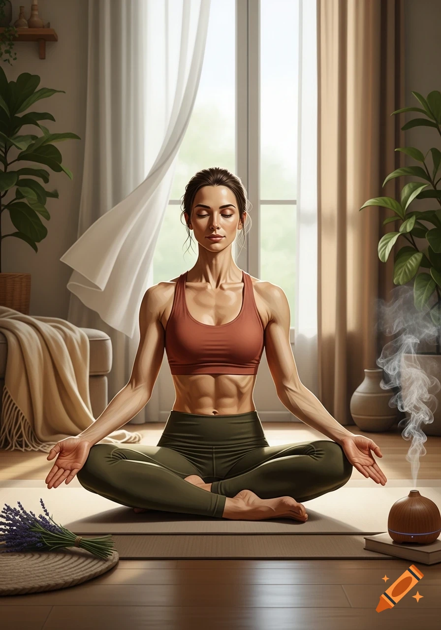 A realistic image of a woman meditating in a yoga pose in a sunny room with plants and an aroma diffuser.
