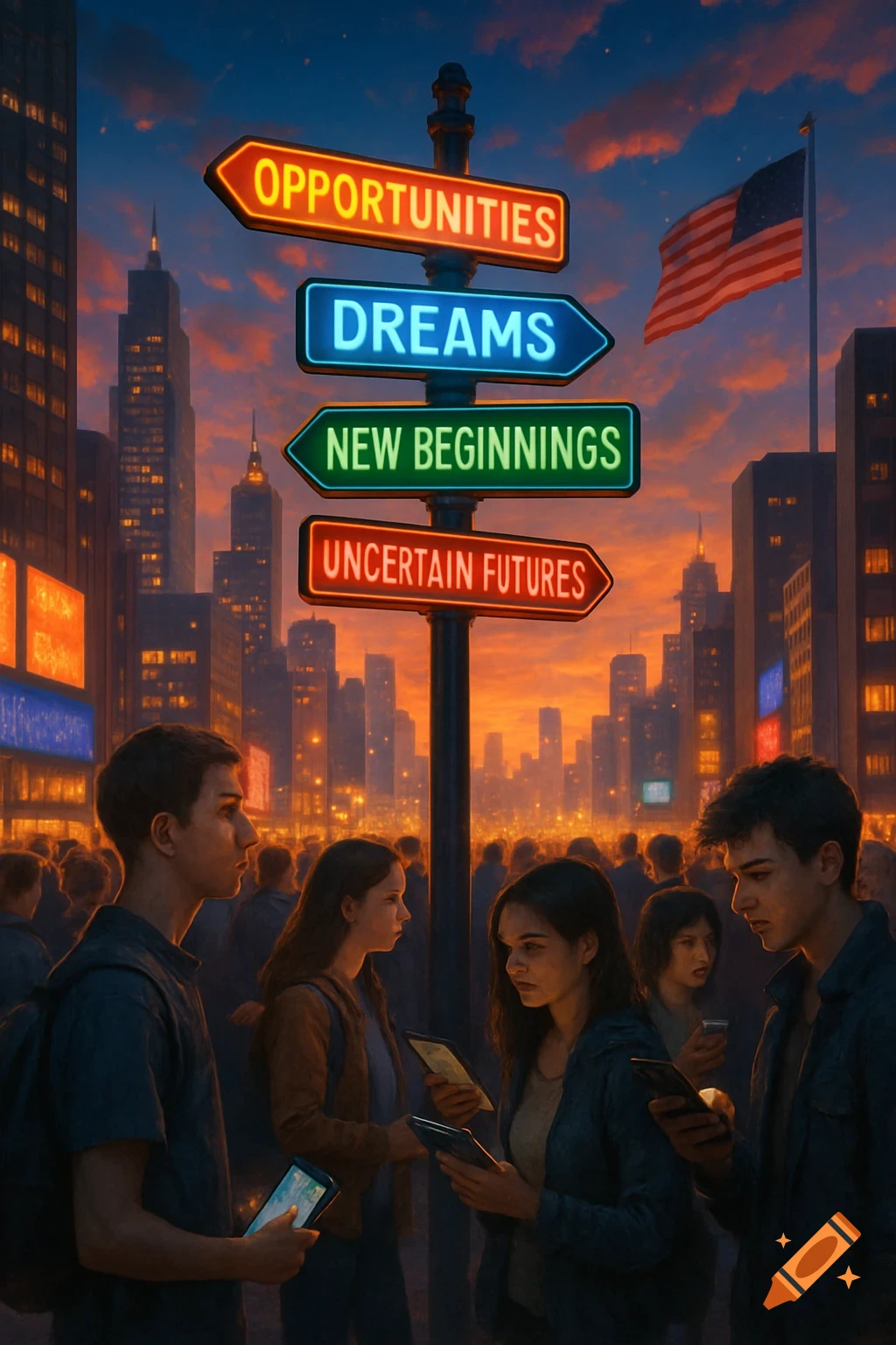 A street sign in a city at sunset points to 'Opportunities,' 'Dreams,' 'New Beginnings,' and 'Uncertain Futures,' with people holding phones below.