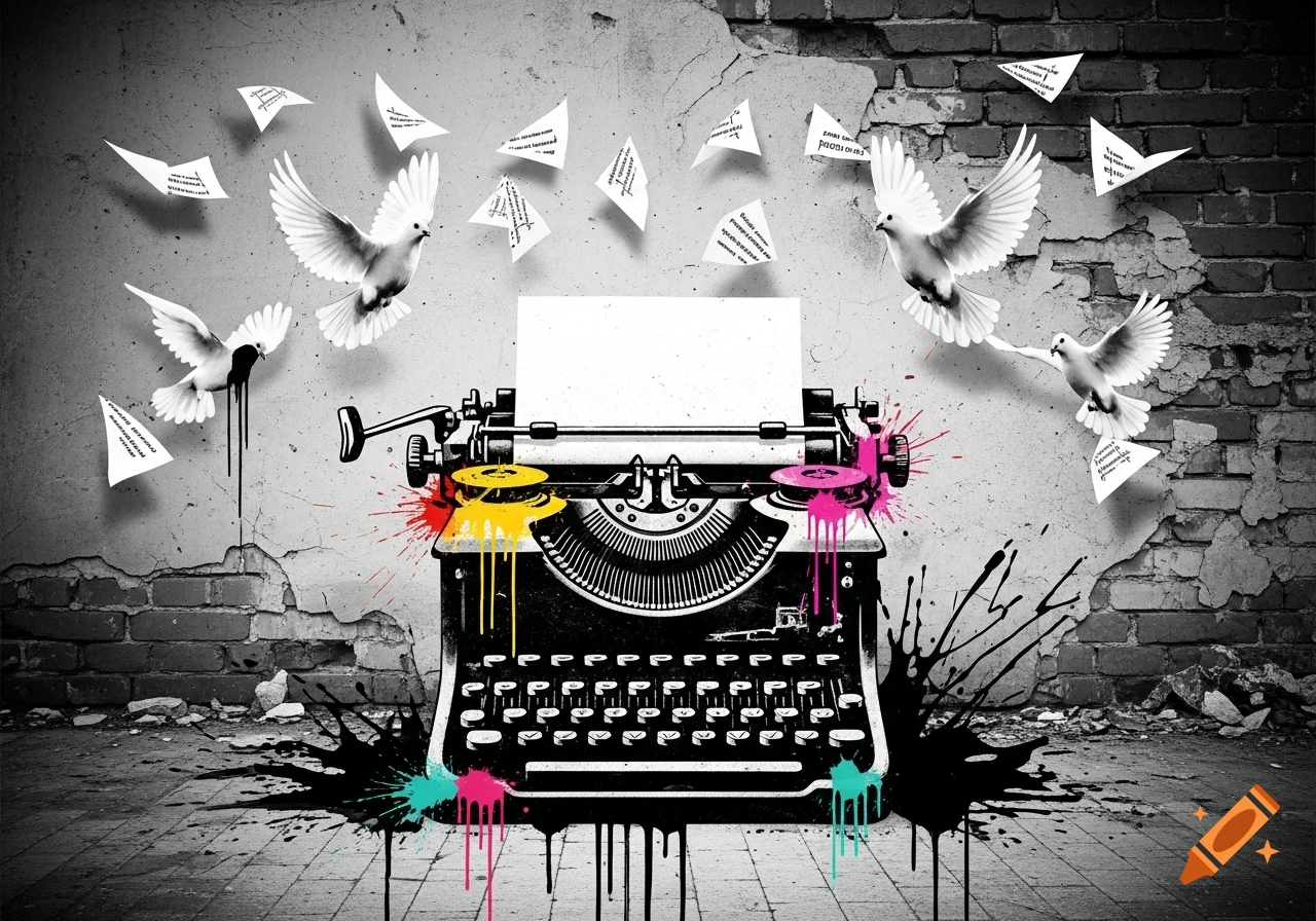A black and white image in Banksy style features a typewriter with colorful paint splatters, surrounded by white doves and flying papers against a distressed wall.