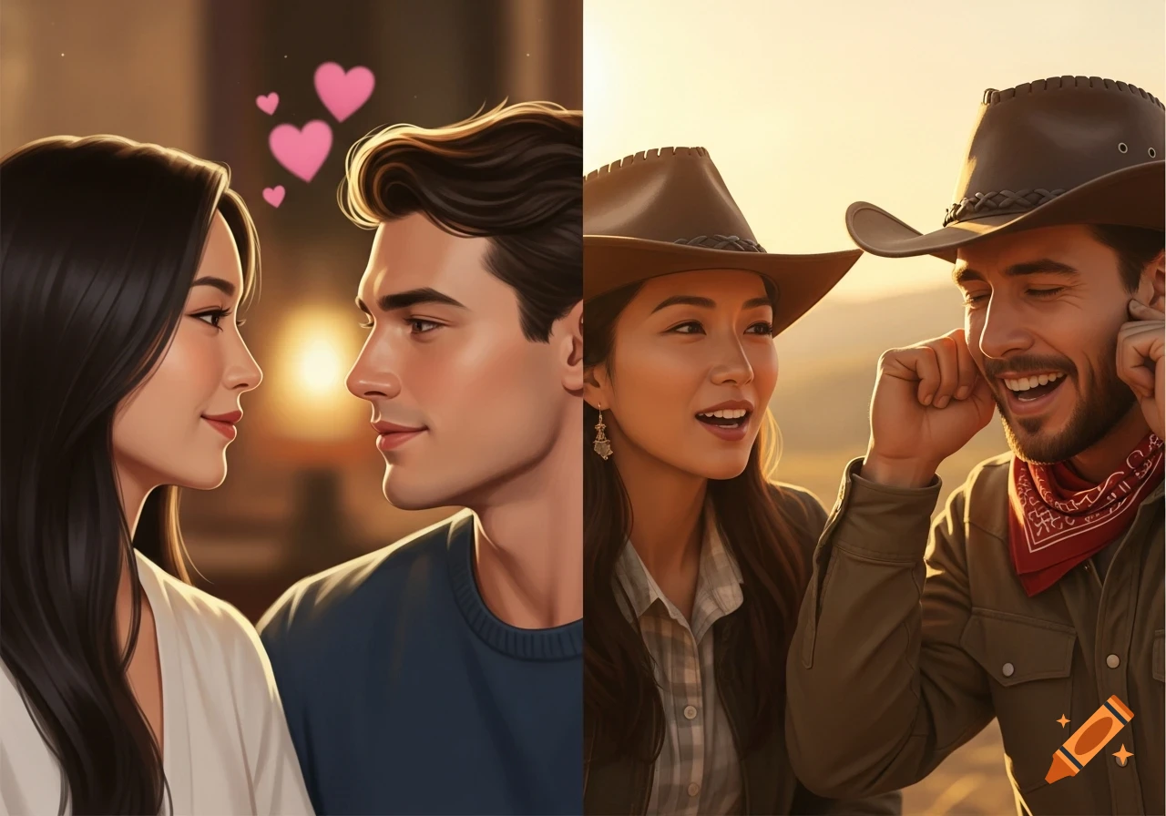 Digital art split image of couples. Left: Woman and man gaze lovingly with hearts. Right: Cowboys, man holds ears in pain.