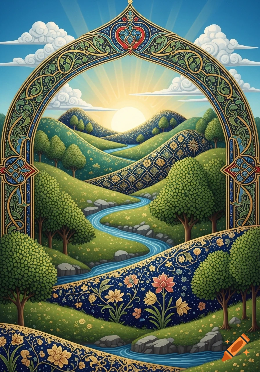 An illuminated manuscript style landscape with a decorative arch framing rolling green hills, a winding river, trees, and a bright sun.