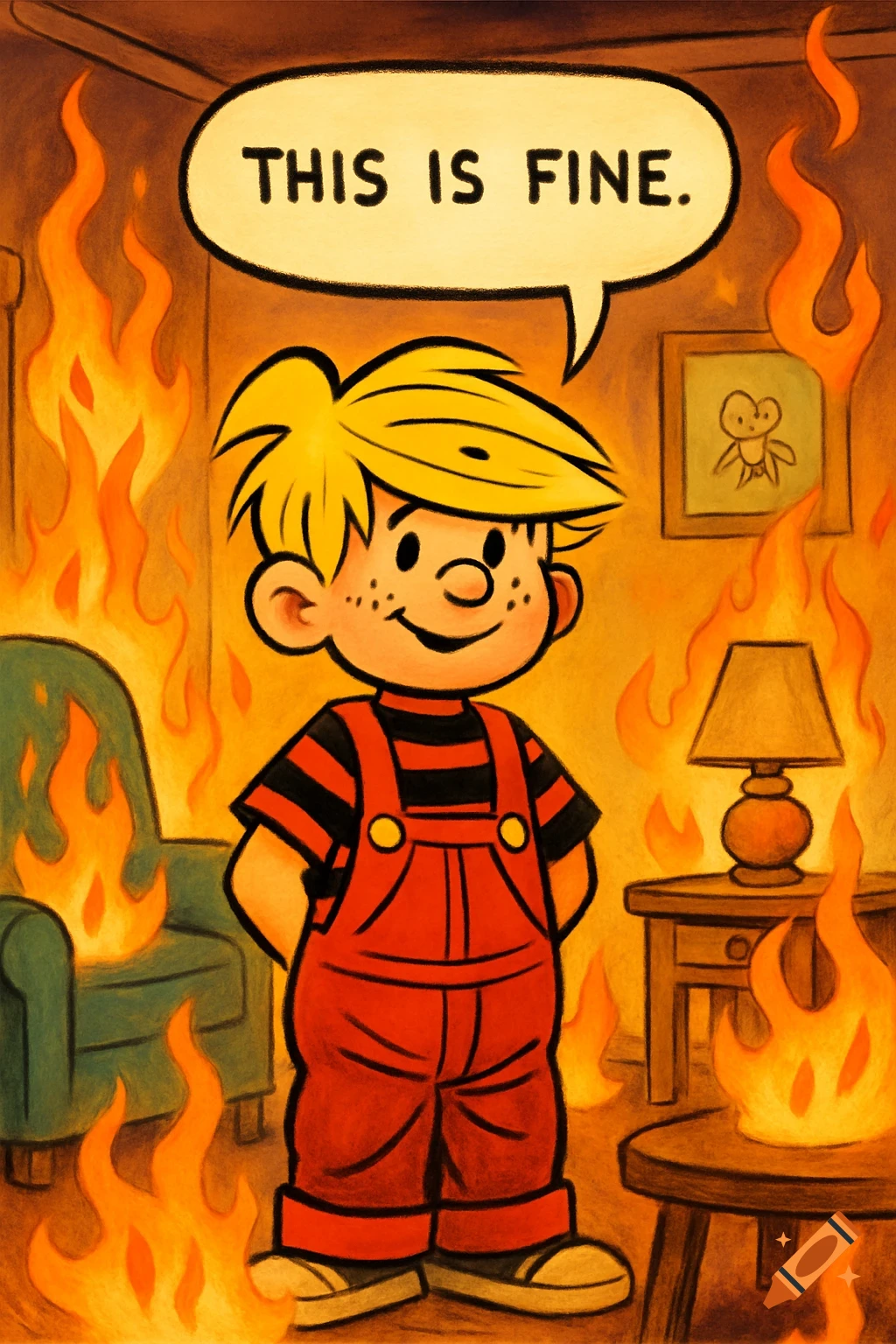 A cartoon boy resembling Dennis the Menace smiles in a burning house, with a speech bubble saying 'THIS IS FINE.'