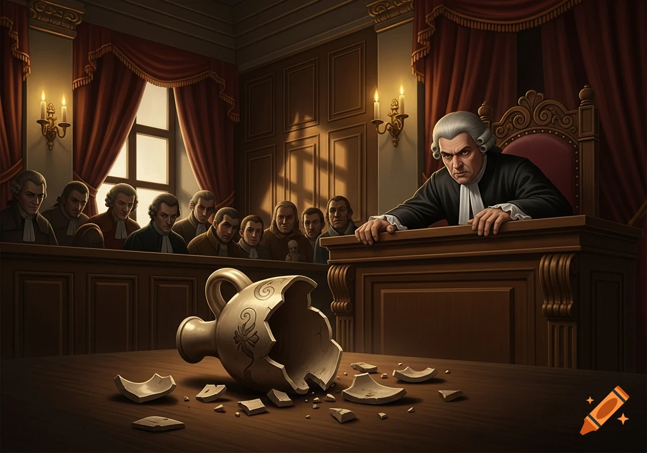A stern judge in a wig glares at a broken ceramic jug on a table in a dark, antique courtroom, with men watching.